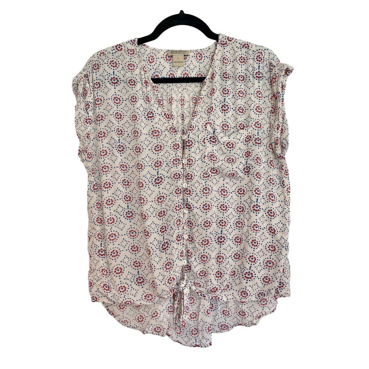 Lucky Brand White Floral Tie Hem Blouse Size L